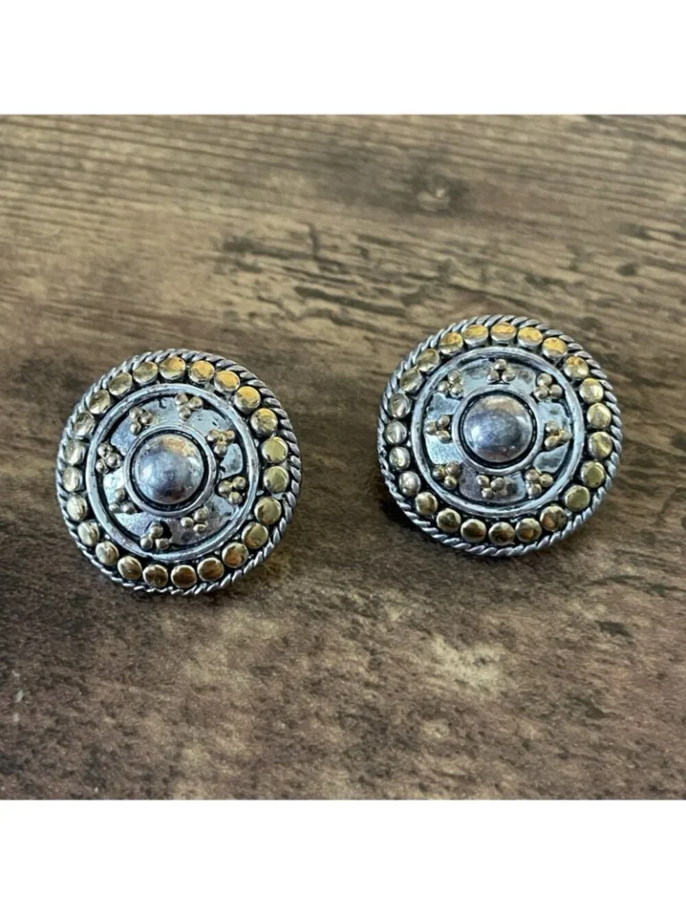 Vintage Napier Earrings Silver Gold Two Tone Etruscan Byzantine Style Post Back